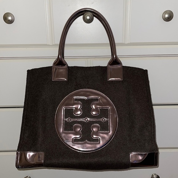 Tory Burch Large Ella Tote Wool Felt and Patent Leather in Brown and Bronze - Picture 1 of 11